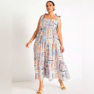 NWT Eloquii Tiered Maxi Sundress Womens Plus Size 16 Bright Colors Tie Straps